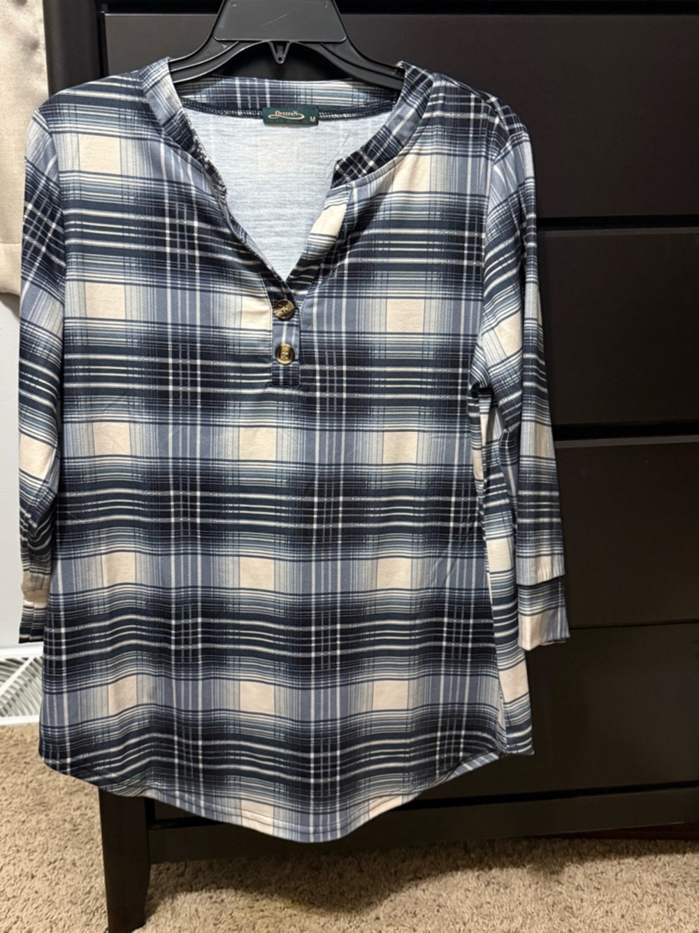 Plaid Henley Tunic Top - Navy & Cream